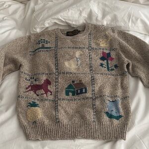 Eddie Bauer Cozy Beige Sweater with Animal and House Patterns